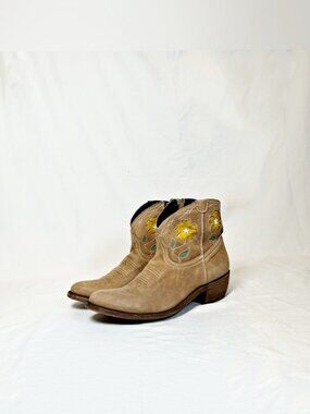 Liberty Black Tan Suede Floral Cowgirl Western Zip Booties Ankle Boots~10~